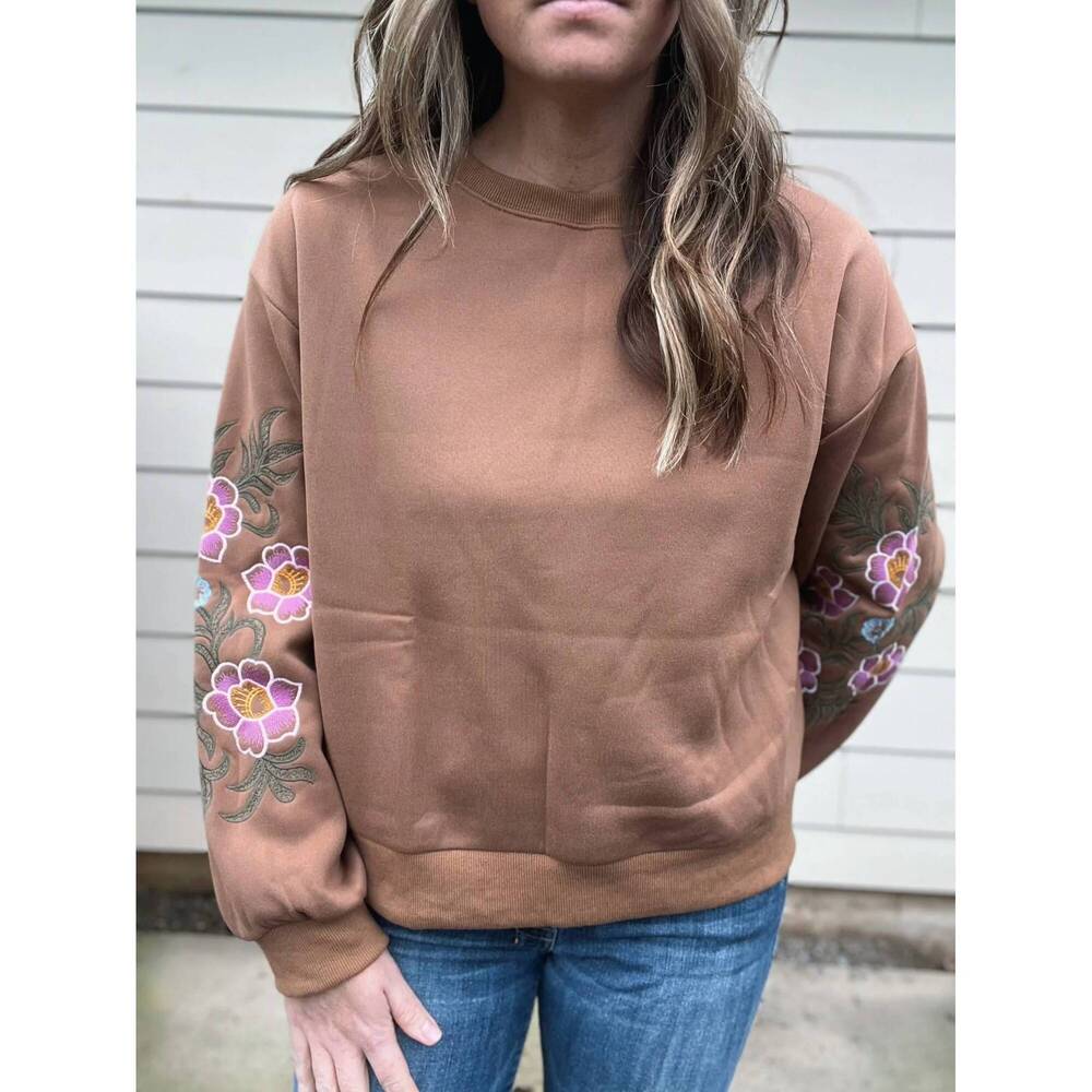 NEW SO ME floral embroidered sweater in brown